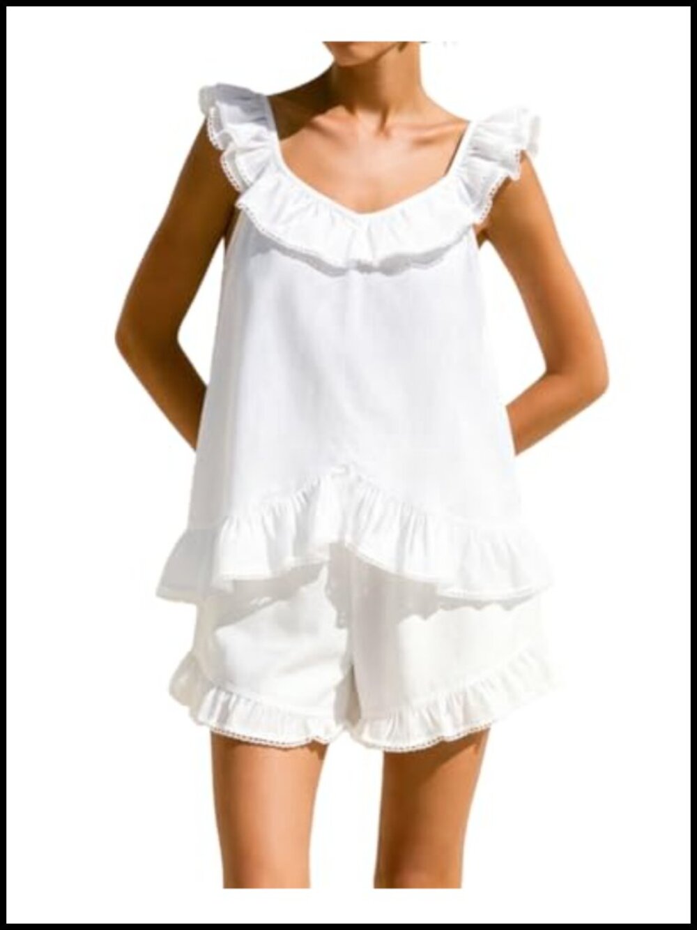 Women's 100% Cotton Ruffle Pajama Set 2 Piece Scoop Neck Sleeveless Shorts